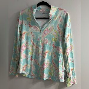 Ladies IBKUL SHARON SEAFOAM PAISLEY Long Sleeve Mock Golf Shirt